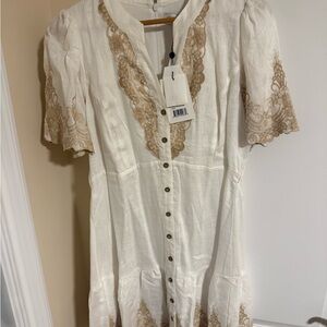 Hale Bob White Dress with Brown Lace Accents